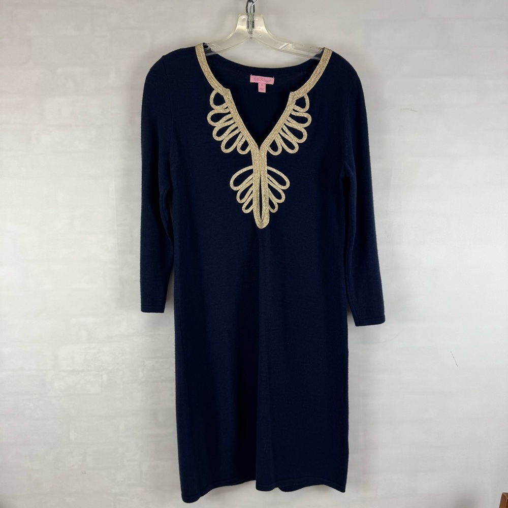 Lilly Pulitzer Navy Merino Wool Sweater Dress Gold Trim V-Neck Shift Size Medium